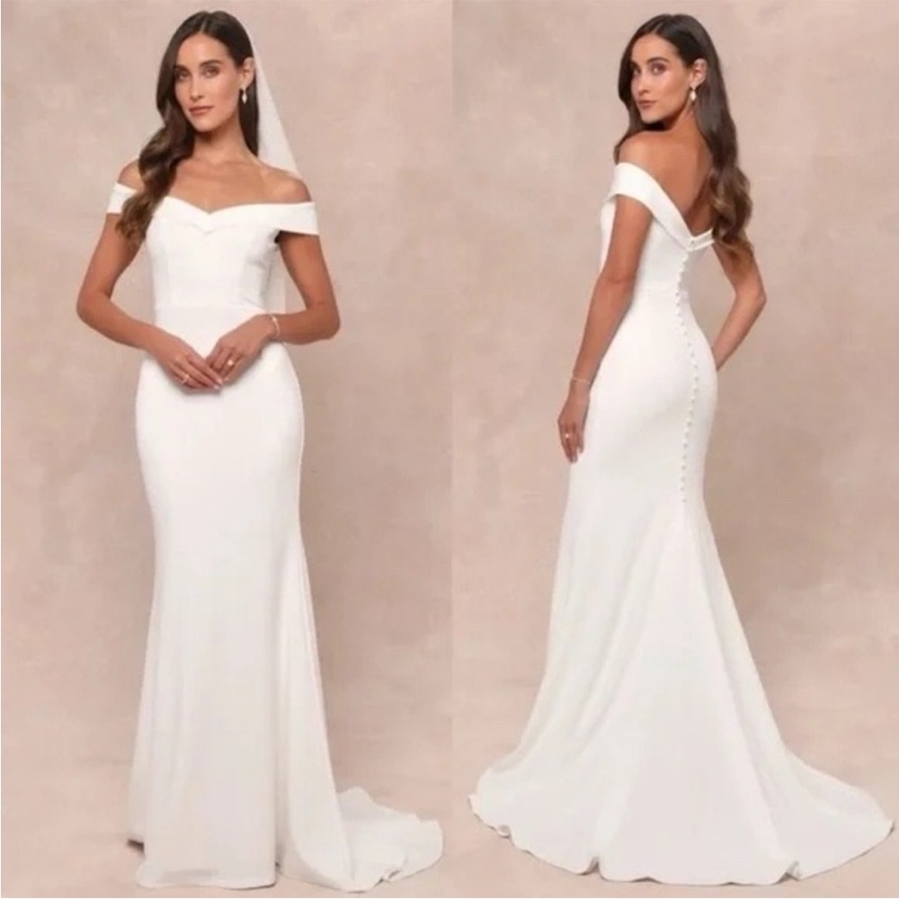 NWT - Lulus Arienne White Off-the-Shoulder Mermaid Maxi Dress Bride Gown Wedding